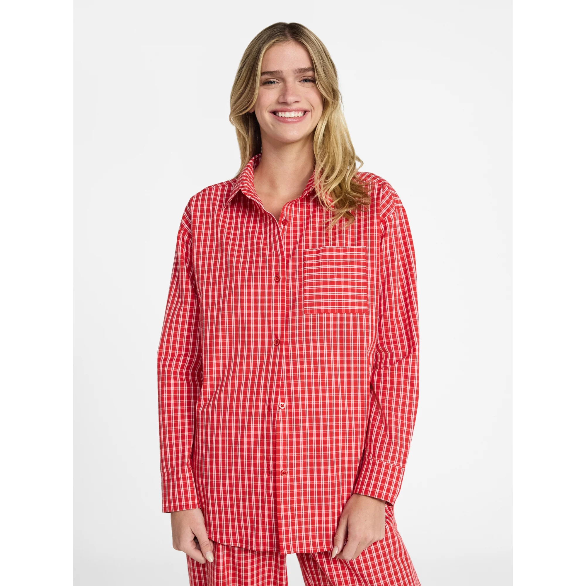 No Boundaries Sleepwear Woven Cotton Button-Down Shirt, Women's XS-XXL | Walmart (US)