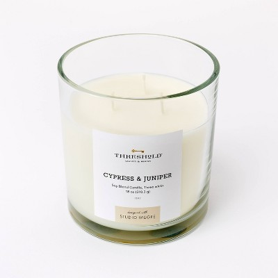 3-Wick 18oz Clear Glass Cypress & Juniper Candle White - Threshold™ designed with Studio McGee: Soy Blend, 50hr Burn Time | Target