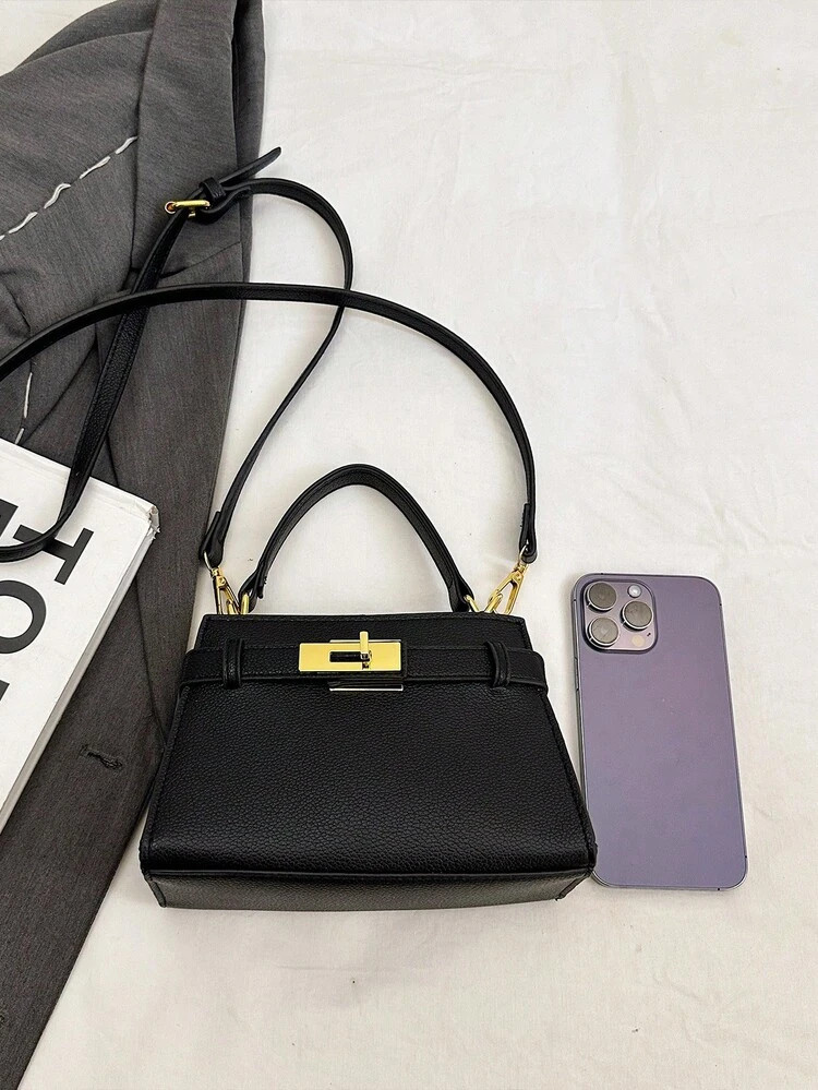 Fashionable High-End Lychee Pattern Women's Handbag, Simple Strap Decoration Adjustable Shoulder Strap Messenger Bag, Exquisite Hardware Lock Shoulder Commuter Bag, Magnetic Buckle Opening And Closing Multifunctional Lightweight Storage Messenger Bag, Simple And Atmospheric Solid Color Handbag, Durable PU Material Women's Shoulder Bag, Suitable For Giving To Friends, Shopping, Dating, Business Trips, Travel And Vacation | SHEIN