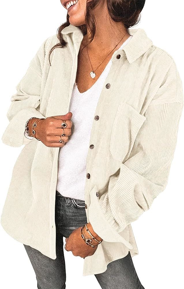 Saslax Womens Corduroy Shirt Long Sleeve Oversized Button Up V Neck Blouses Tops Loose Shacket Ja... | Amazon (US)