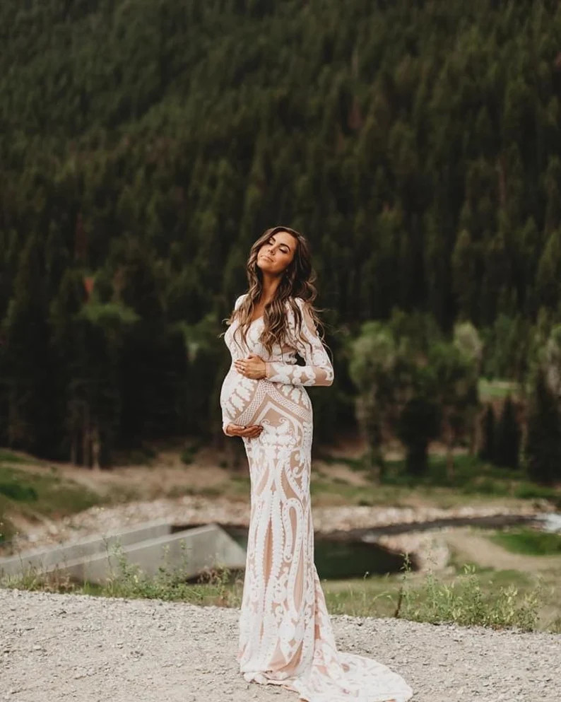 Nude white sequins maternity gown/maternity wedding dress/ball | Etsy | Etsy (US)