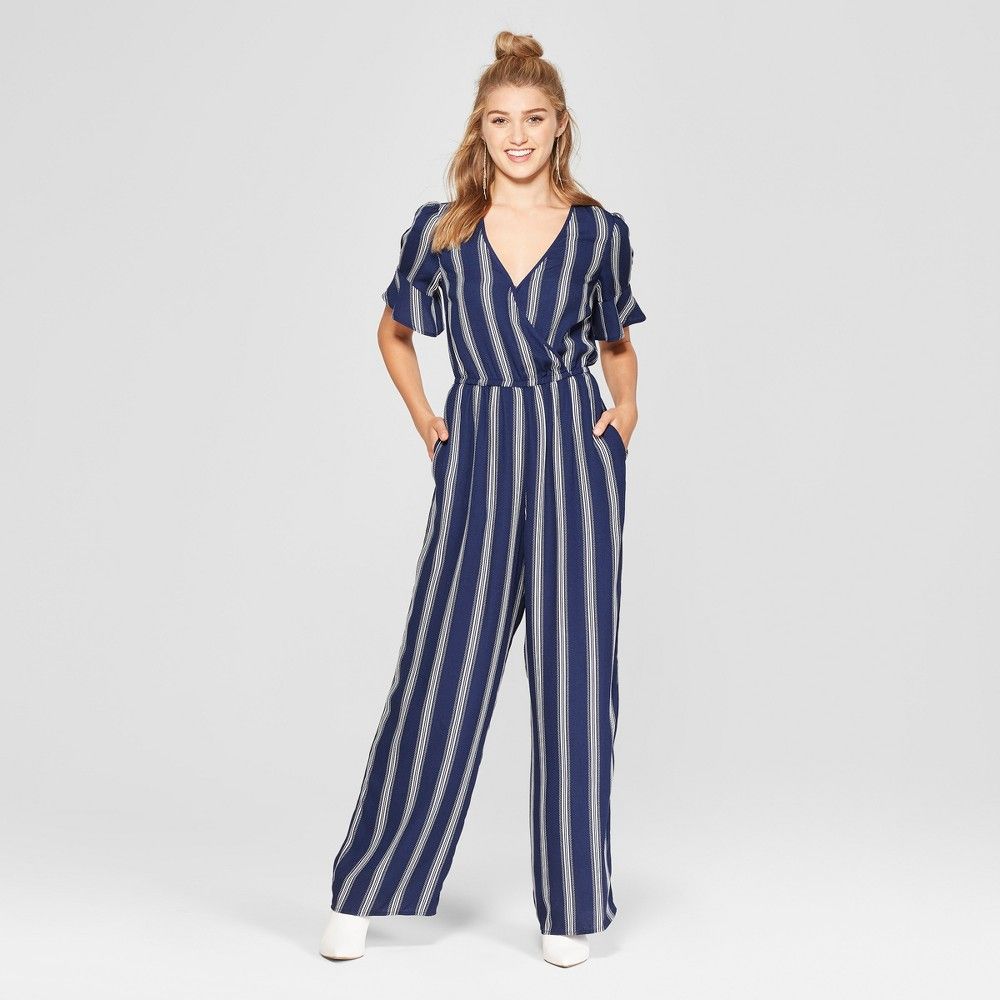 Women's Striped Short Sleeve Wrap Jumpsuit - Xhilaration Navy (Blue) S | Target