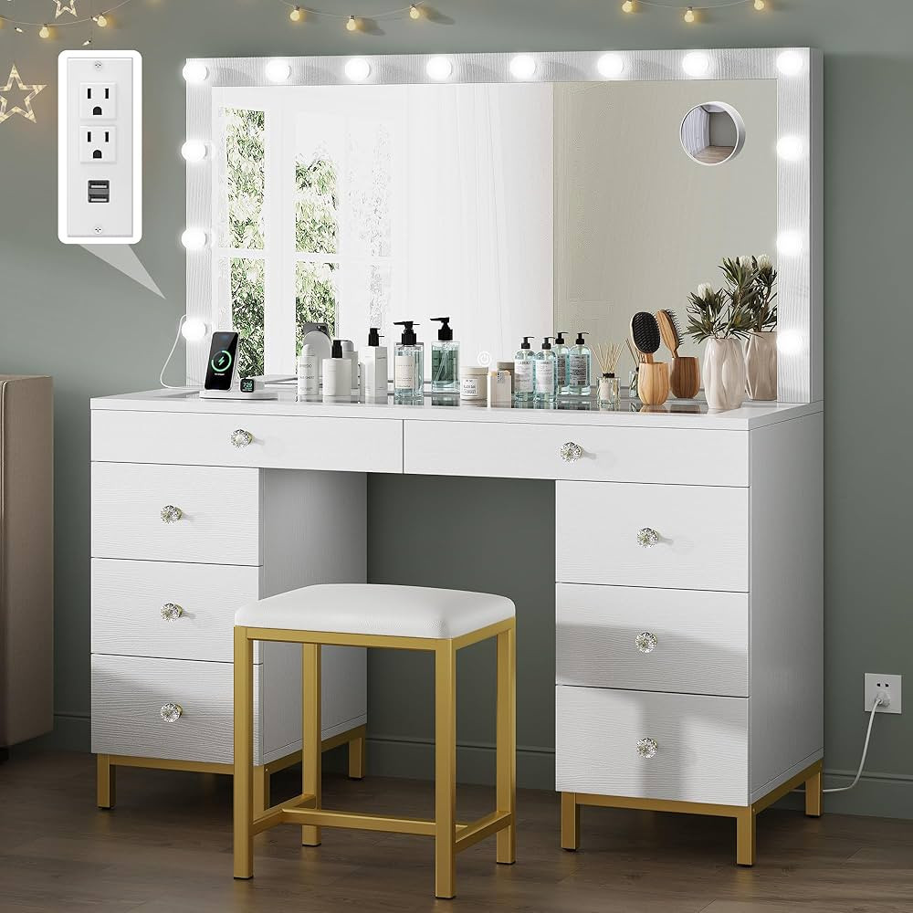YITAHOME Vanity Desk with Mirror, Power Outlet and 14 Lights, Makeup Table with 8 Drawers, 3 Ligh... | Amazon (US)