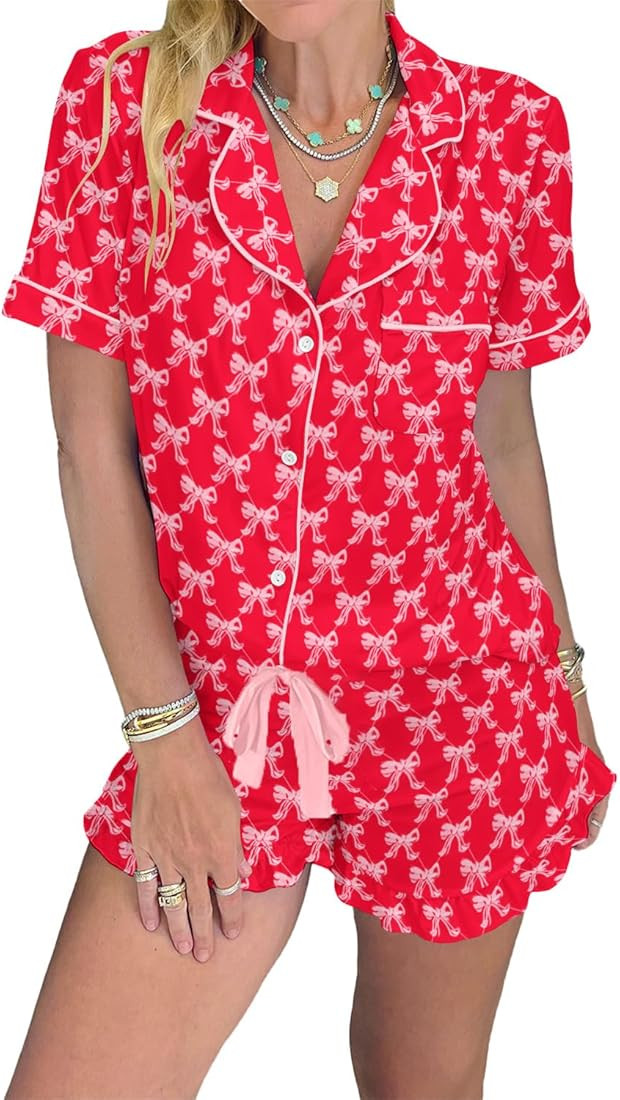 KevaMolly Womens Christmas Lounge Sets Candy Cane Print Pocketed Knotted PJ Set Short Sleeve Xmas... | Amazon (US)