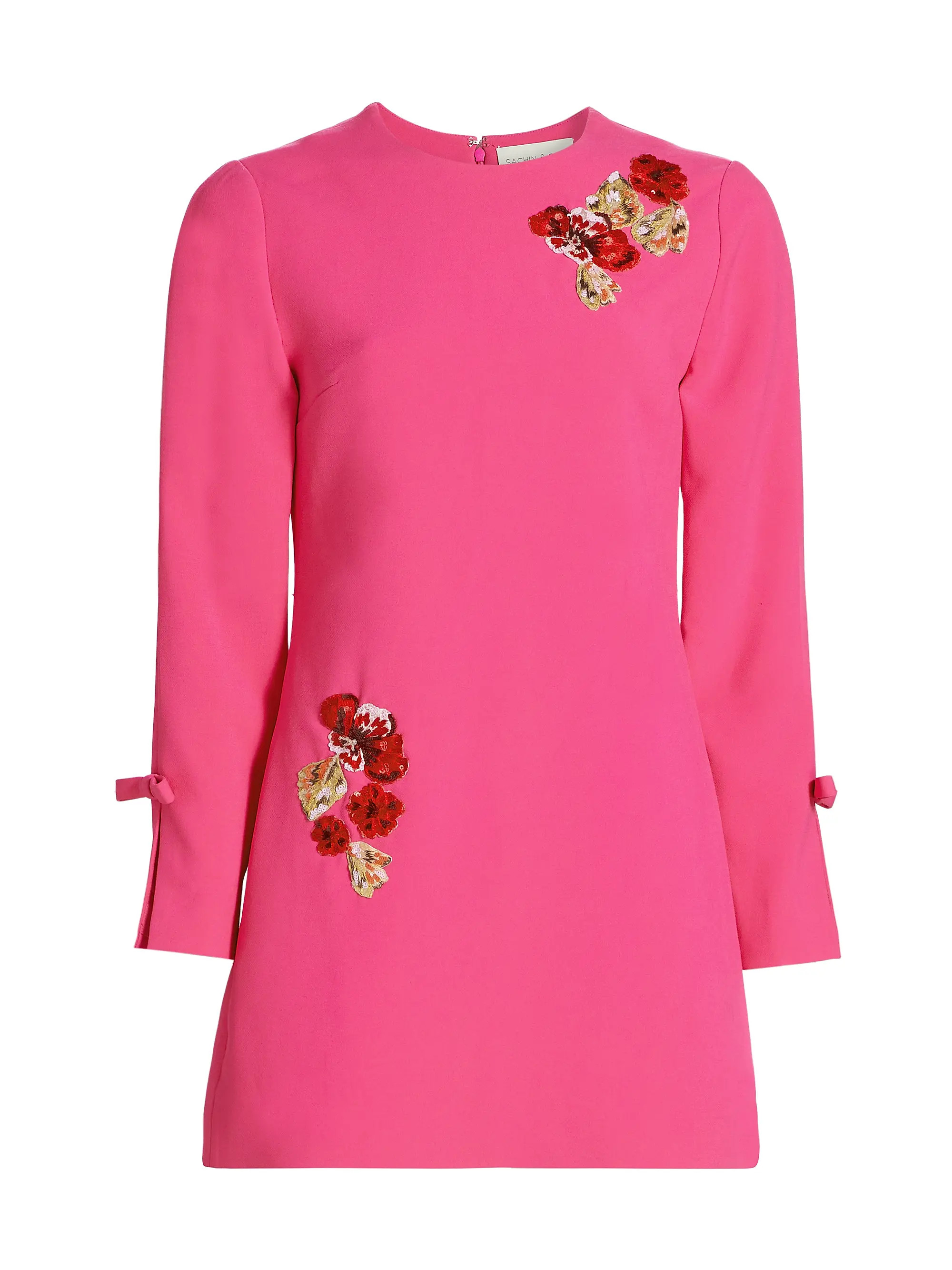 Embroidered Lily Bow-Cuff A-Line Minidress | Saks Fifth Avenue