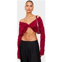 Burgundy Satin Bardot Twist Front Crop Blouse | PrettyLittleThing US