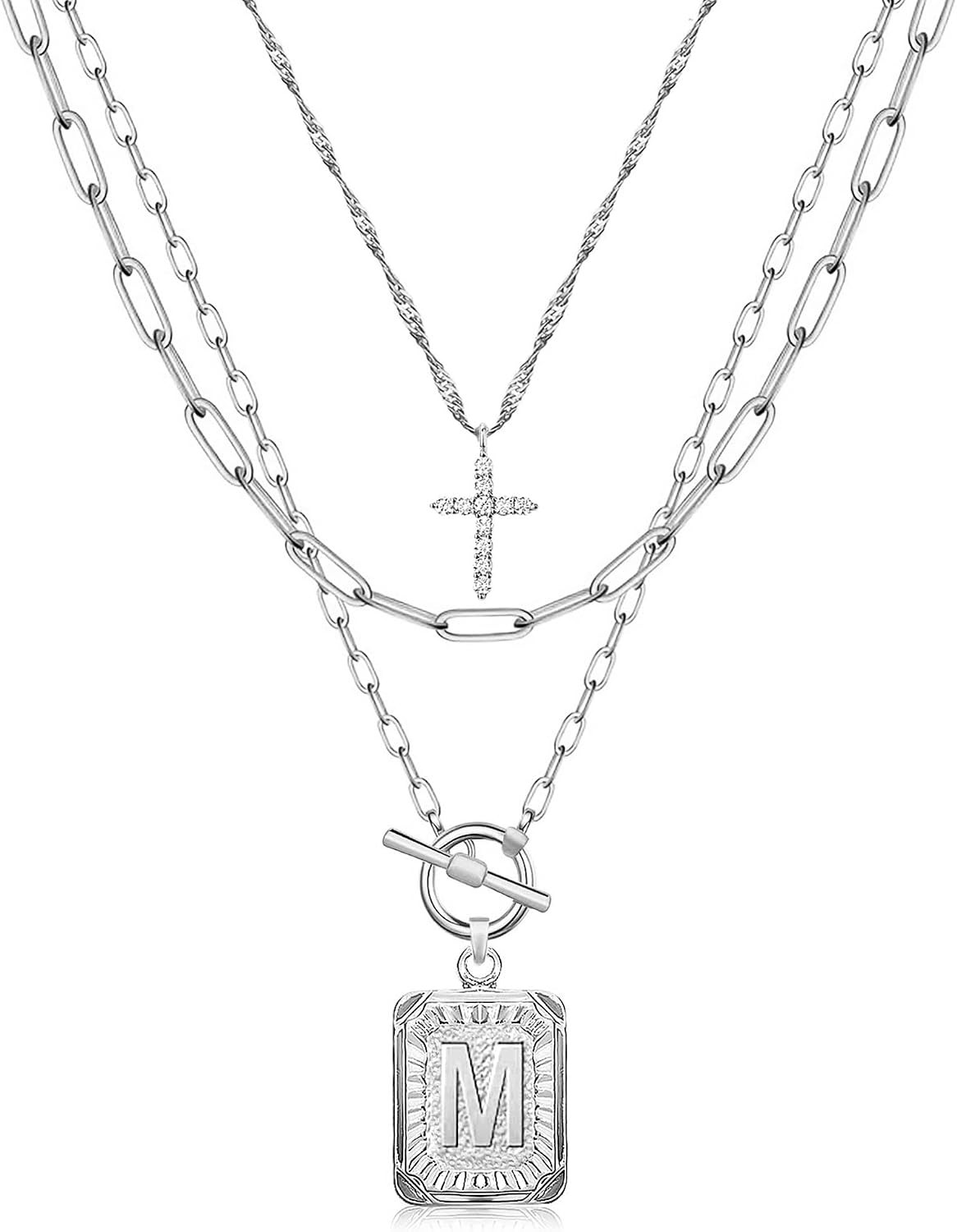 MJartoria Layered Initial Necklaces for Women Trendy, 14K Gold Plated Brass Simple Dainty Cross Choker Square Letter Pendant Necklace, Paperclip Chain Necklaces Jewelry | Amazon (US)