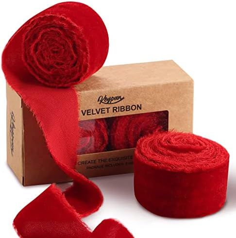 Velvet Ribbon for Gift Wrapping - Keypan Red Handmade Fringe Ribbons for Crafts Bouquet Wedding D... | Amazon (US)