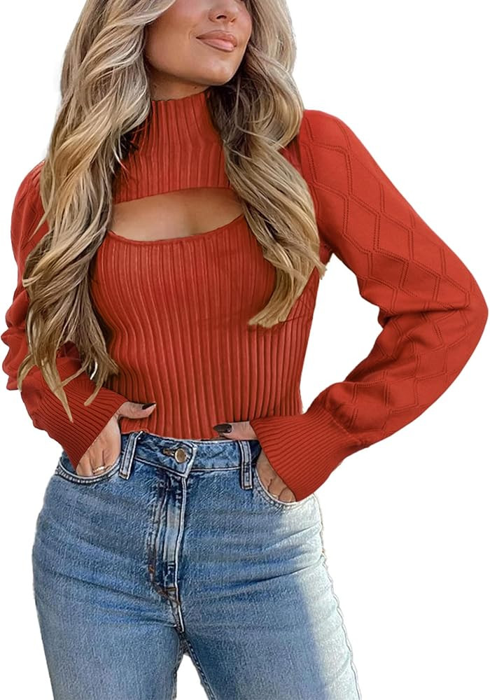 Women's Sweaters Tops Knit Cut Out Puff Sleeve Lightweight Mock Neck Fall Trendy Sweater Clothes | Amazon (US)