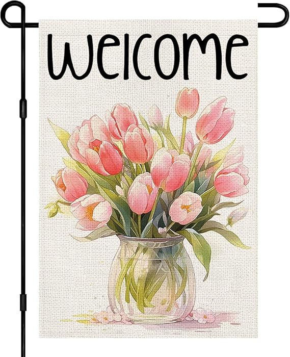 Spring Welcome Garden Flag for Outside 12x18 Inch Double Sided Burlap, Pink Tulips Small Flags Ho... | Amazon (US)