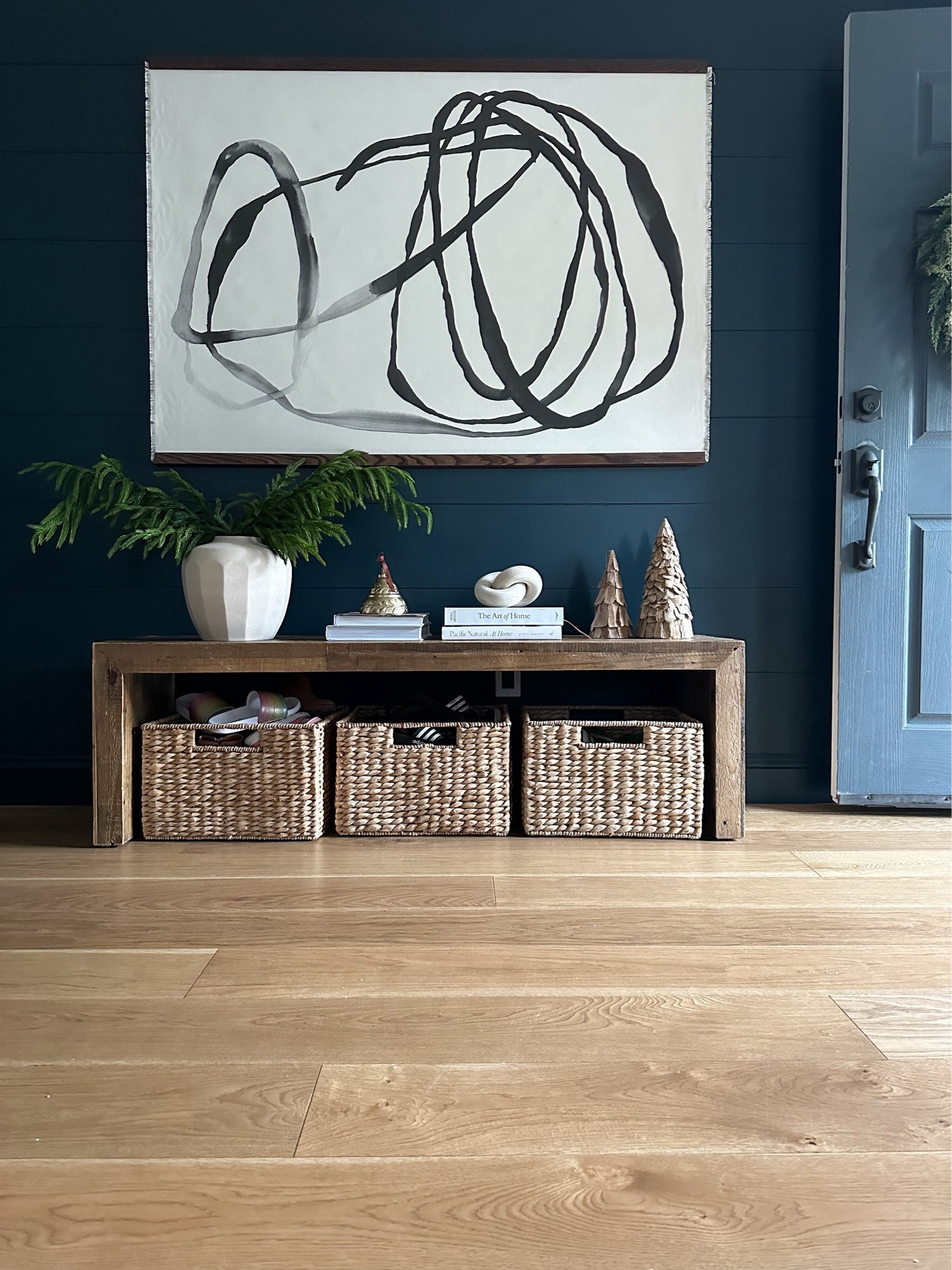 Holiday decor, hallway styling, reclaimed wood bench, large woven baskets, entryway decor.

#LTKHoliday #LTKhome #LTKsalealert