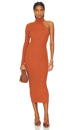Asymmetric Sleeve Knit Dress in Toffee Burnt Orange Dress Orange Midi Dress Rust Dress Orange Outfit | Revolve Clothing (Global)