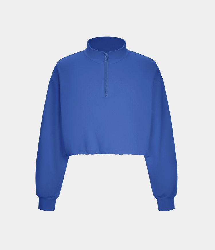 Half Zip Long Sleeve Drawstring Cropped Casual Cotton Sports Sweatshirt | HALARA
