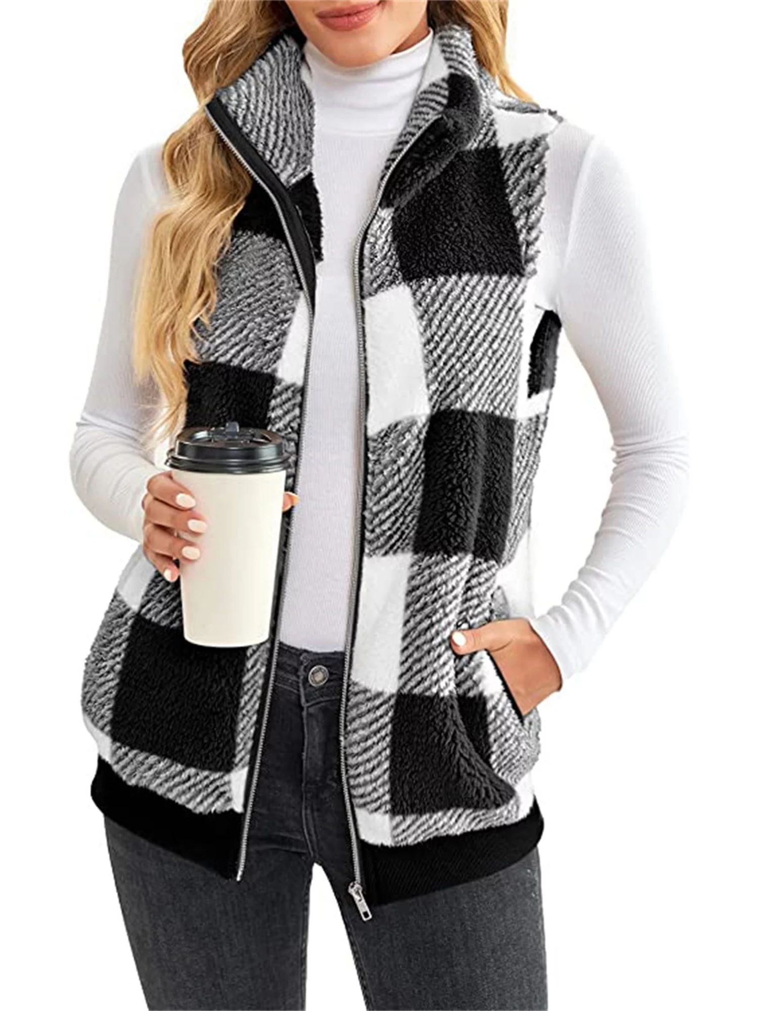 Haite Women Sherpa Fleece Jacket Vest Winter Lightweight Sleeveless Fuzzy Coats Cozy Plaid Zipper... | Walmart (US)