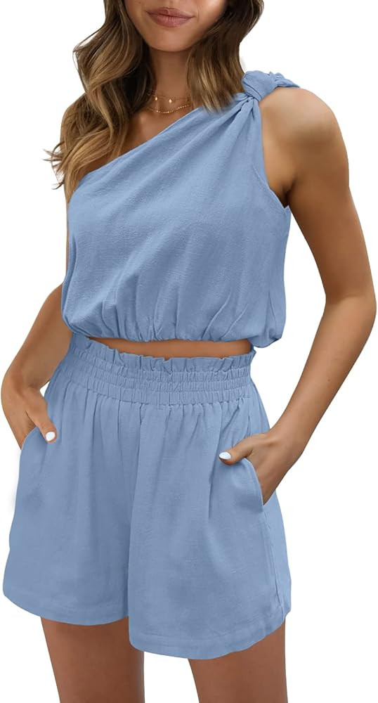 AUTOMET Womens 2 Piece Outfits Linen Matching Sets Two Piece Lounge Shorts Boho Crop Tops 2023 Be... | Amazon (US)