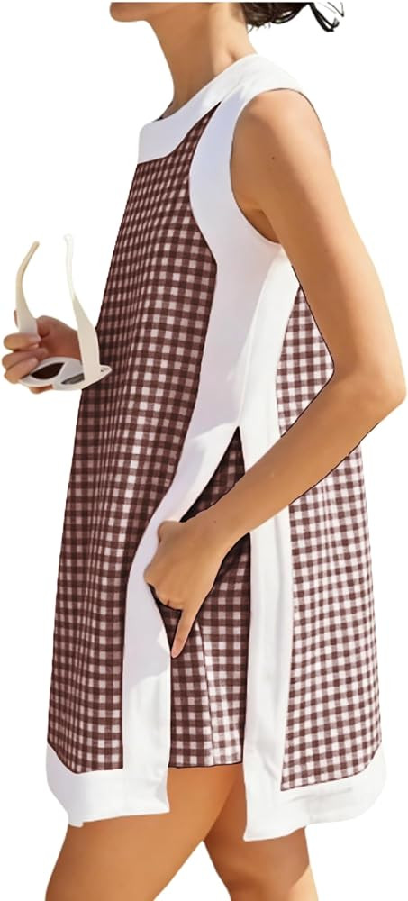 Bankeng Women's 2 Piece Sets Casual Color Block Crewneck Sleeveless Plaid Pullover Tops Matching ... | Amazon (US)
