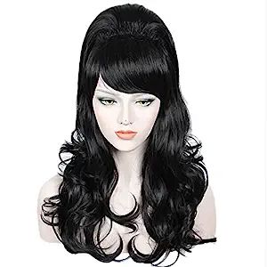 Amazon.com : Linfairy Long Wavy Black Wig Big Bouffant Beehive Wigs for Women fits 50s 80s Costum... | Amazon (US)