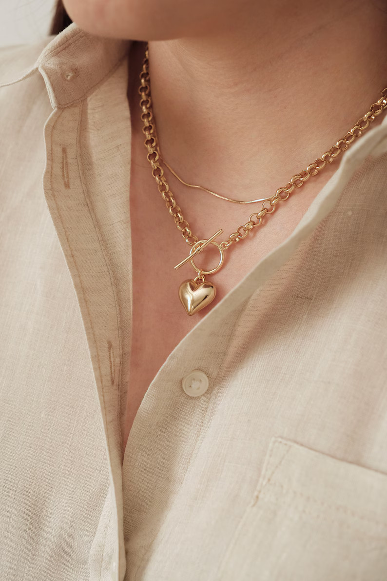 14K Gold Plated Heart Necklace. Toggle Necklace, Layered Necklace. Toggle Clasp Chain. Birthday G... | Etsy (US)