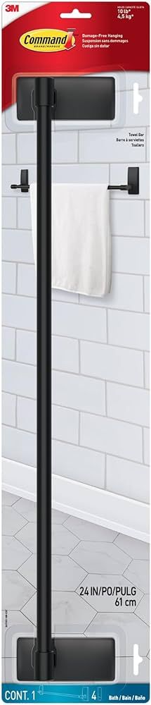 Command Bath Matte Black Towel Bar with Water Resistant Command Strips, Bathroom Organizer, 24 in... | Amazon (US)