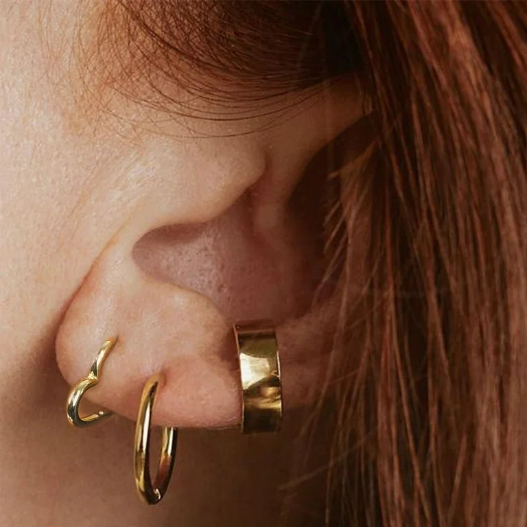 3 Pairs Small Huggie Hoop Earrings Set 14K Gold Hypoallergenic Lightweight Heart Huggie Hoops Ear... | Walmart (US)