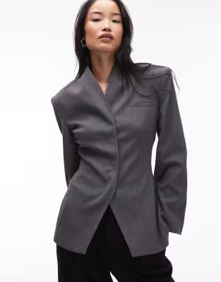 ASOS DESIGN grown on neck high break point blazer in grey | ASOS (Global)