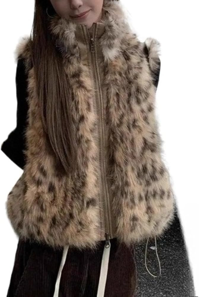 Leopard Faux Fur Vest Stand Collar Sleeveless Zip Up Oversized Soft Trendy Streetwear Winter Vest | Amazon (US)