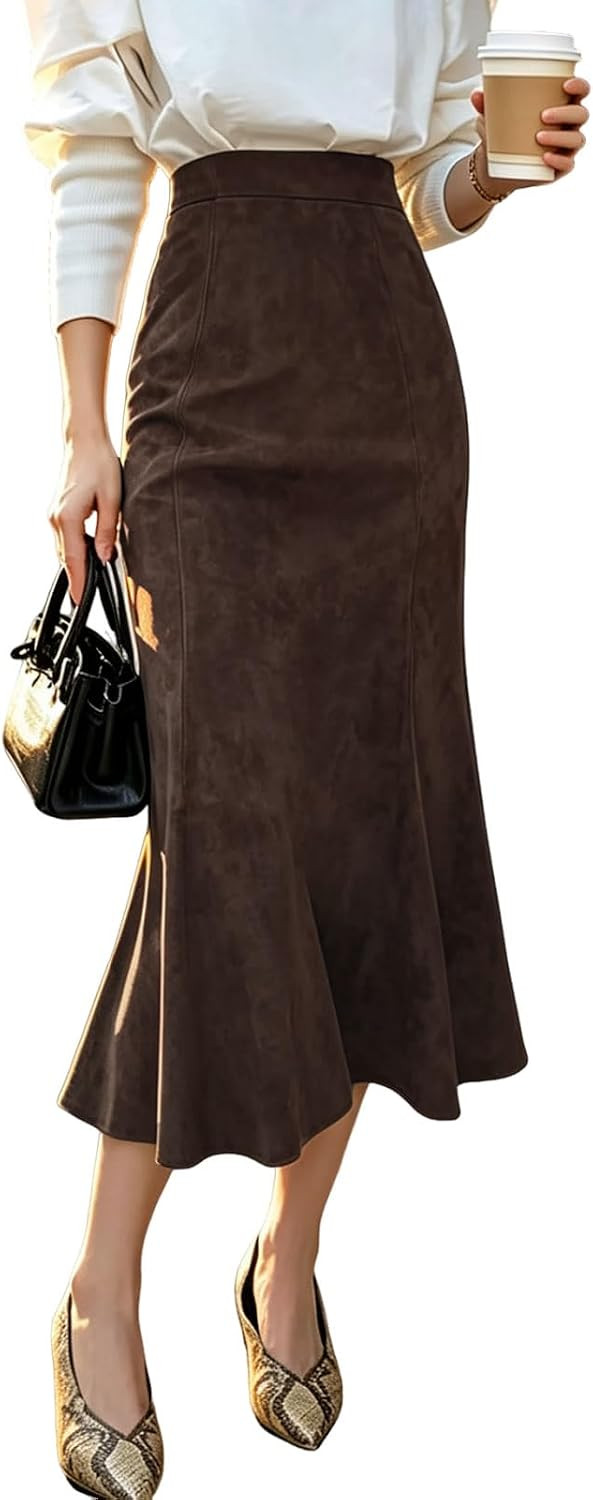 Women's Casual Faux Suede Leather Skirt High Waist Fishtail Skirt | Amazon (US)