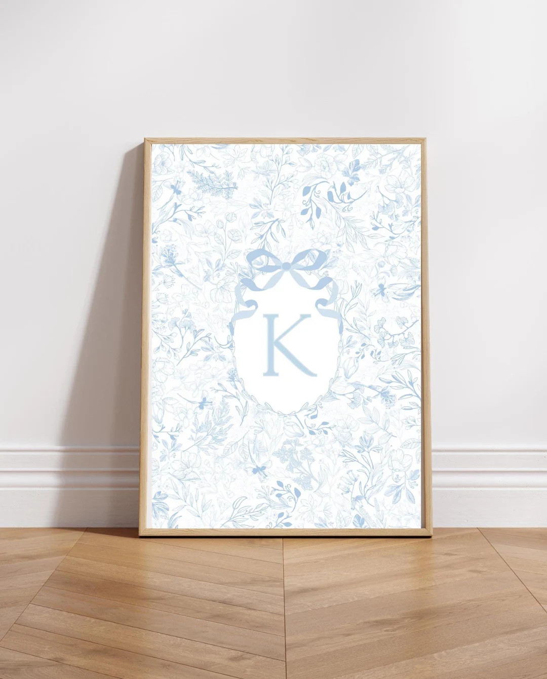 Light Blue Floral Initial Print Customized Blue Chinoiserie Letter Wall Decor Preppy Blue Monogra... | Etsy (US)