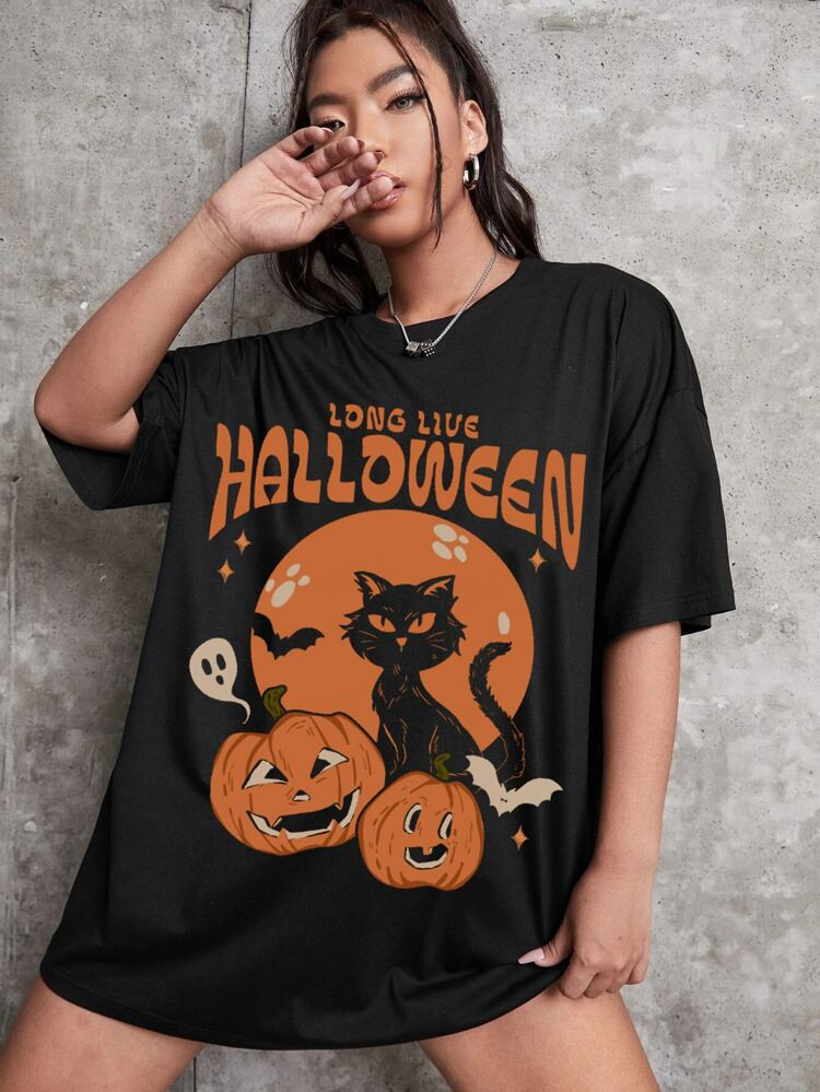New
     
      Plus Pumpkin And Letter Graphic Drop Shoulder Tee | SHEIN