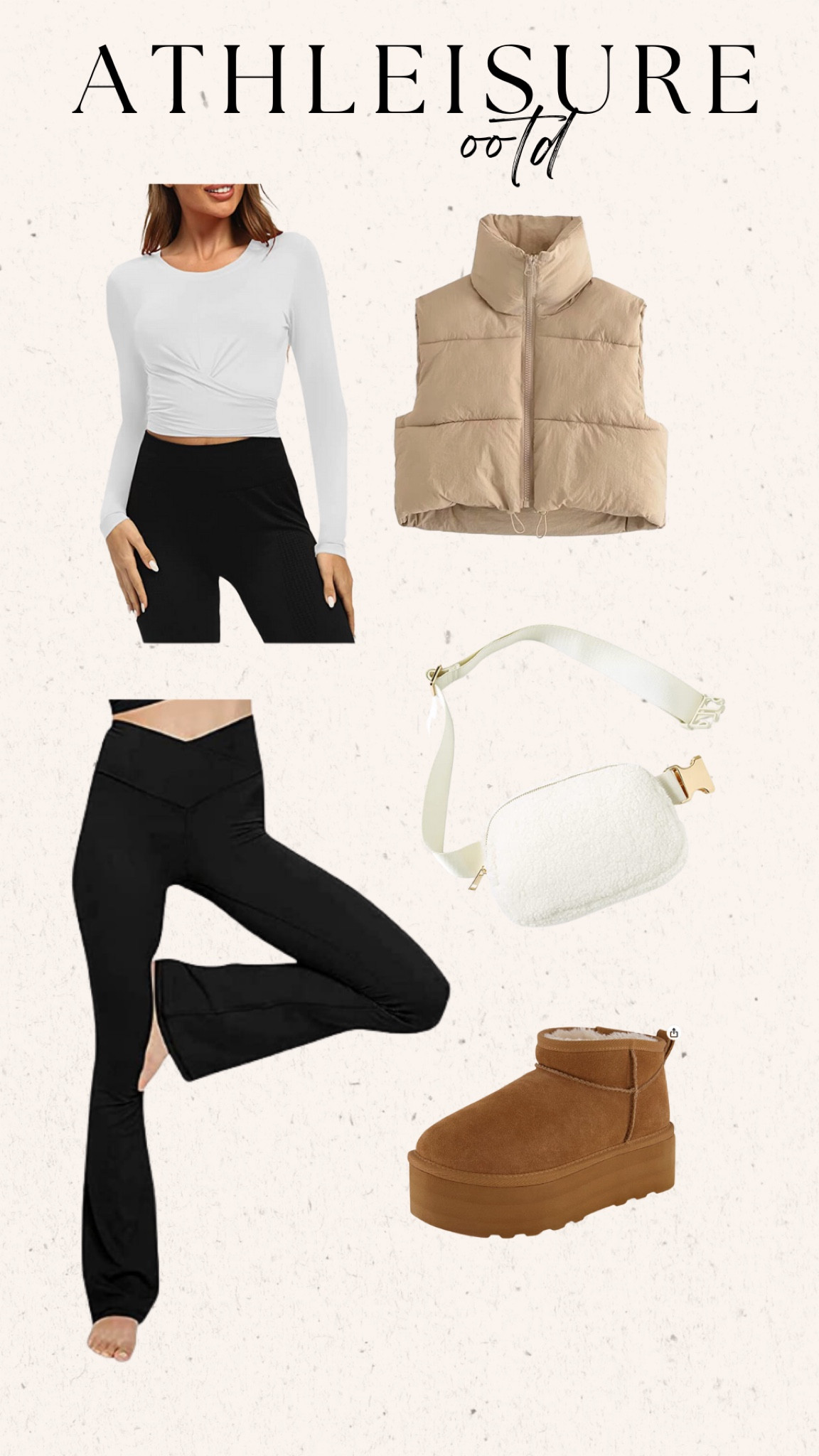 Athleisure OOTD 

Crop tee
Crop puffer vest
Flare leggings 
Sherpa belt bag
Ugg platform dupe 



#LTKunder100 #LTKstyletip #LTKfit