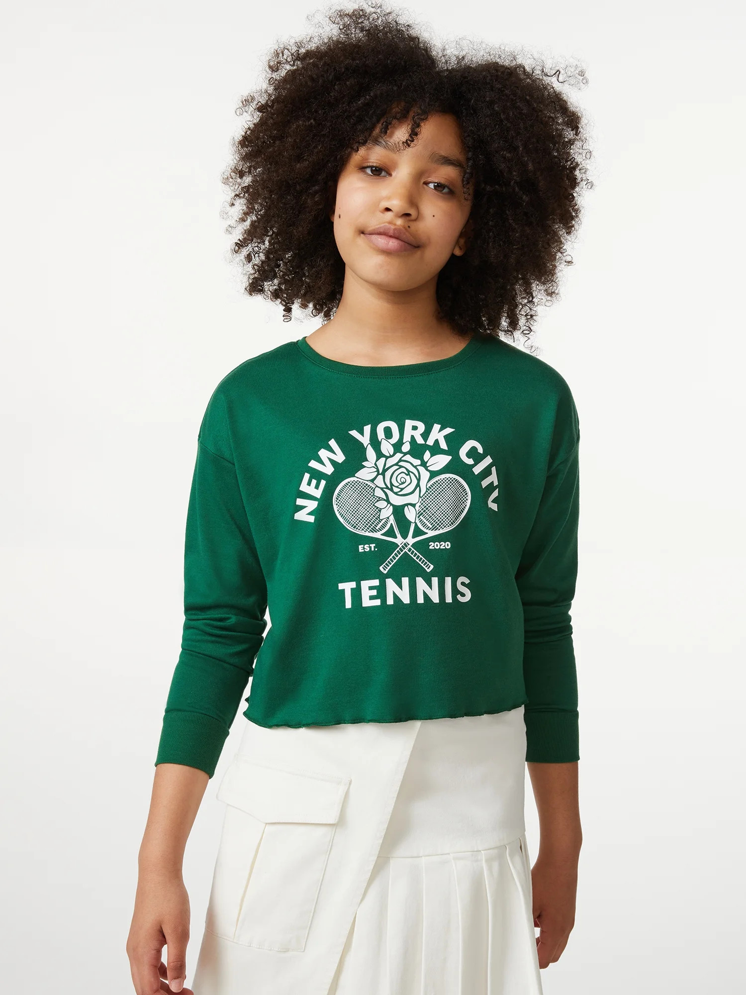 Free Assembly Girls Long Sleeve Cropped Graphic Tee, Sizes 4-18 - Walmart.com | Walmart (US)