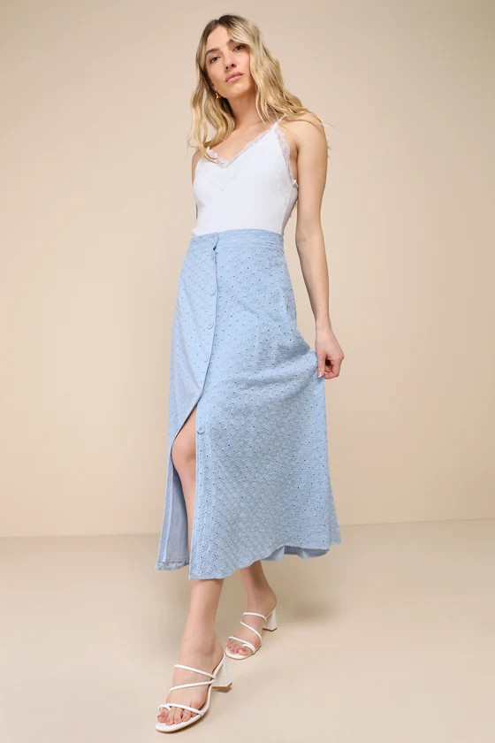 Cute Sweetness Light Blue Eyelet Embroidered Midi Skirt | Lulus