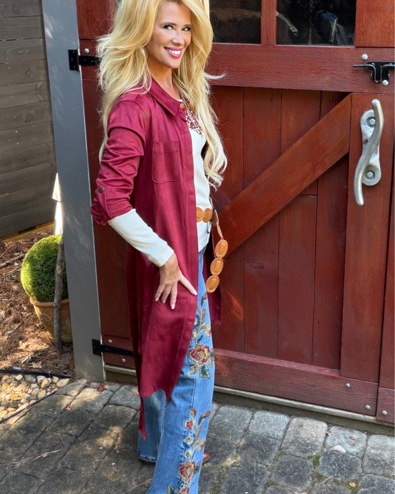 Fall texture, embroidered denim, and the prettiest rich berry layer 🍂🤎 I love an outfit that feels easy but still pulled together.

These jeans are such a statement piece — the floral embroidery makes them feel extra special without trying too hard.

@soft_surroundings #ad

#SoftSurroundings #FallStyle #EmbroideredDenim

#LTKootd #LTKSeasonal #LTKOver40