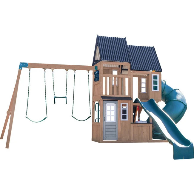 Acadia Manor Wooden Outdoor Swing Set / Playset w/ Zigzag Fireman's Pole - Kids Toys | KidKraft from Maisonette | Maisonette
