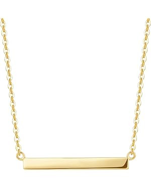 FANCIME 14K Real Solid Gold Bar Necklace High Polished Pendant Horizonal Bar Classic Simple Basic... | Amazon (US)