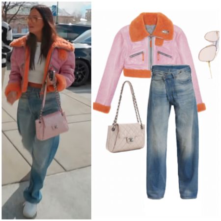 Lisa Barlow’s Pink and Orange Fur Trim Leather Jacket, Jeans, Sunglasses and Pink Quilted Chanel Bag