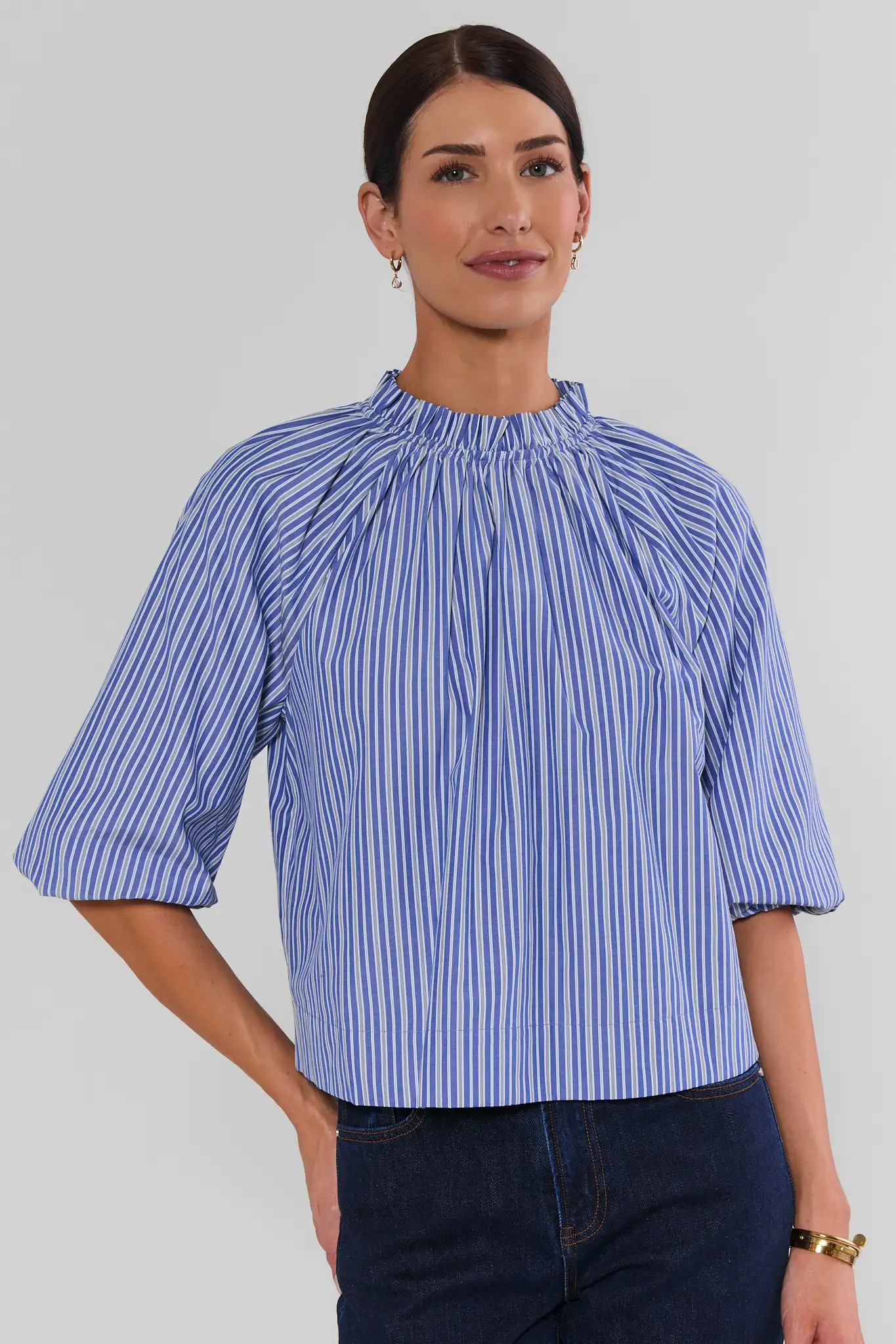 Blue Striped Ruffle Collar Top | Avara