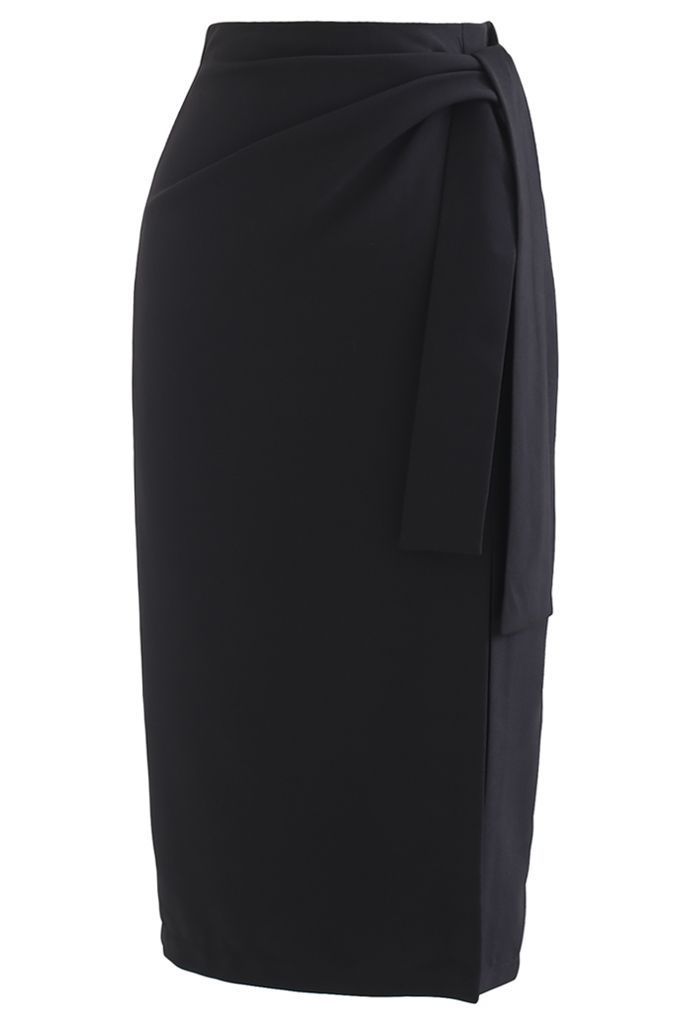 Tie Waist Front Split Pencil Skirt in Black | Chicwish