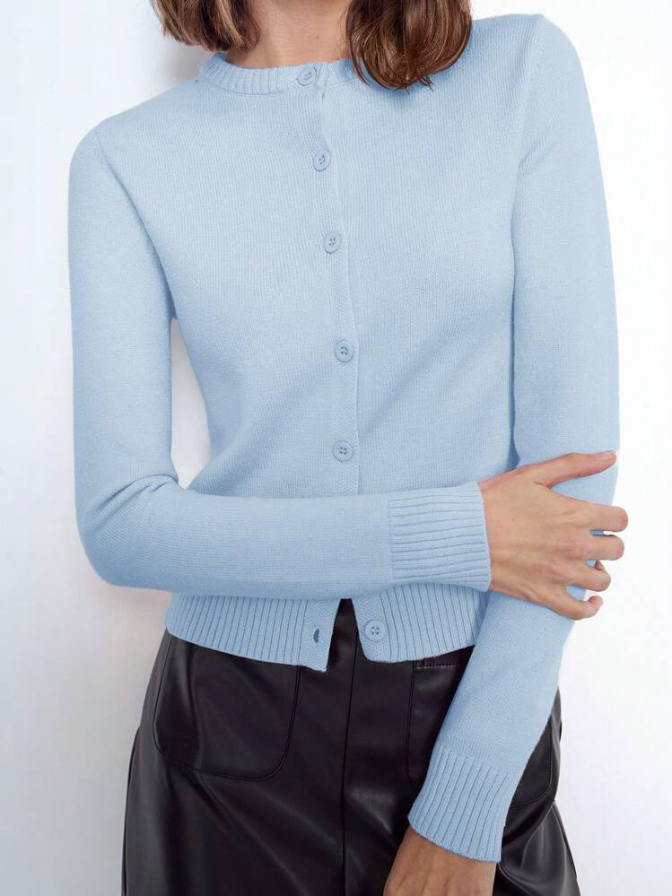Maija Women's Elegant Solid Light Blue Round Neck Long Sleeve Button-Front Minimalist Knit Cardigan, Lightweight, Suitable For Seasonal Wear St Patrick's Day Women Easter Summer Easter Women Party Top Beach Summer Holiday Beach Vacation Summer Going Out Graduation | SHEIN