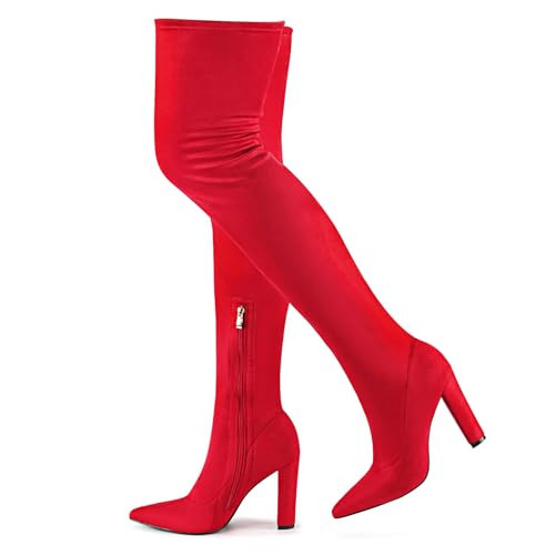Wsheliu Thigh High Red Boots Pointed Toe Block Heel Over The Knee Boots Side Zipper Red Suede Boots for Women 4.13 In Casual Tall Boots Size 12 CN 44 | Amazon (US)