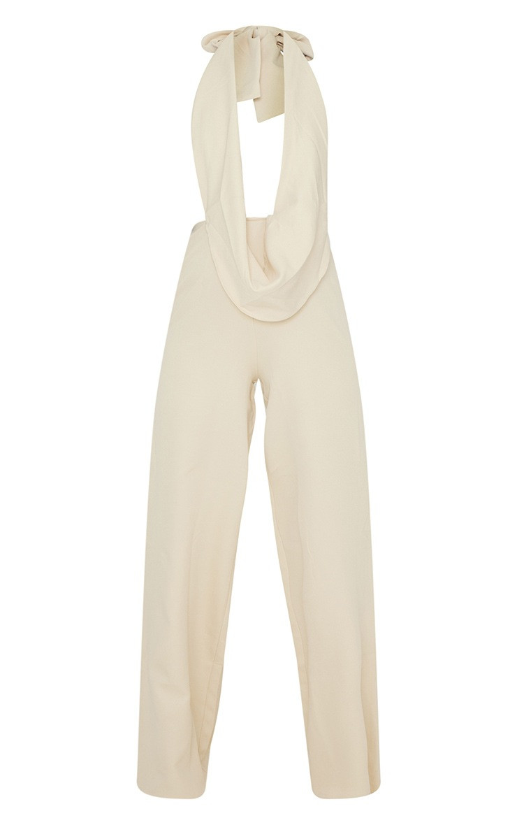 Cream Plunge Cowl Neck Drape Jumpsuit | PrettyLittleThing UK