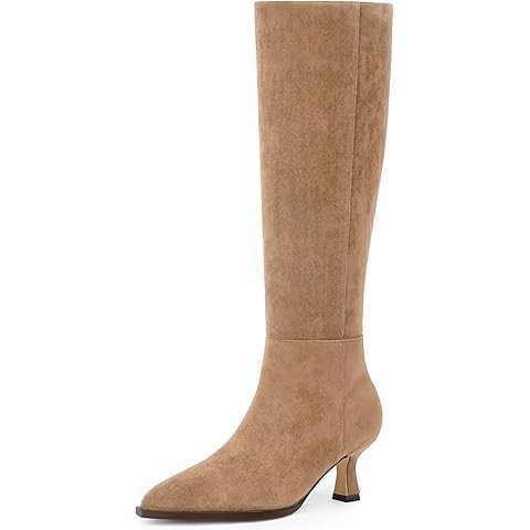 Coutgo Womens Knee High Boots Kitten Low Heel Pointed Toe Tall Boots Side Zipper Winter Dress Sho... | Amazon (US)