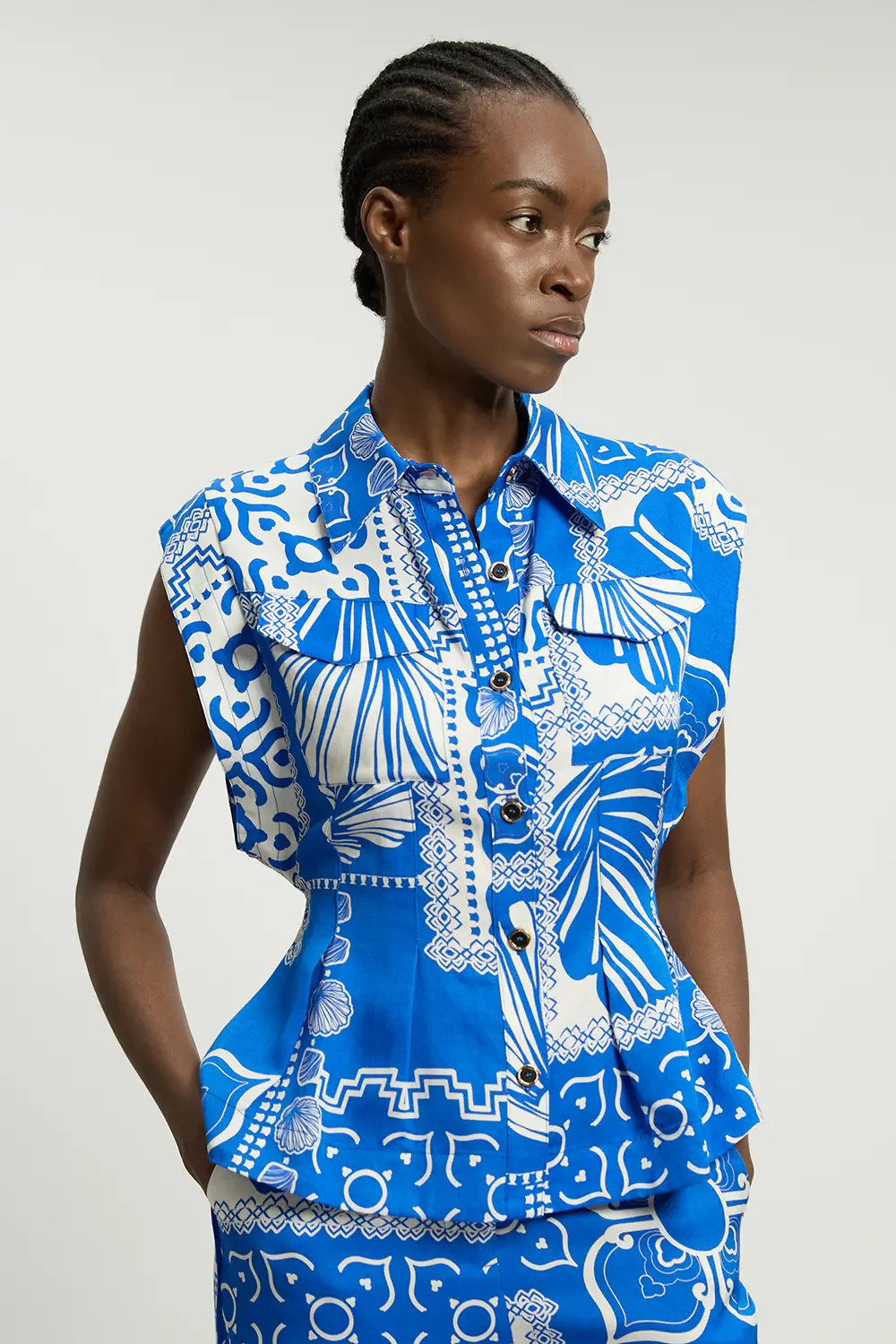 Premium Linen Printed Woven Sleeveless Woven Top | Karen Millen