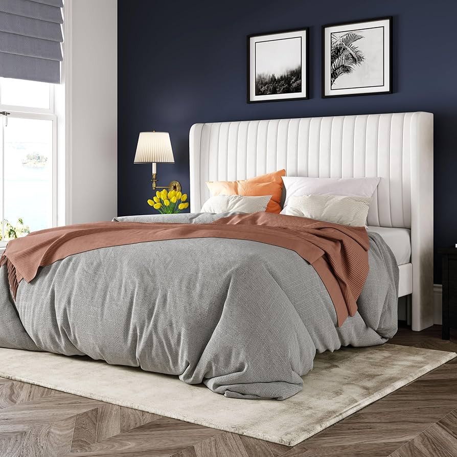 Allewie Full Size Velvet Bed Frame/Vertical Channel Tufted Wingback Headboard/Upholstered Platfor... | Amazon (US)