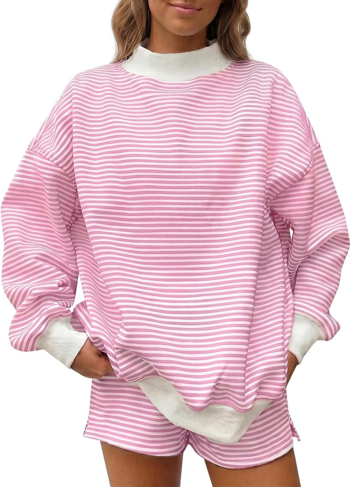 Fisoew Womens Striped 2 Piece Outfits Lounge Sets Mock Neck Oversized Long Sleeve Sweatshirts Cas... | Amazon (US)