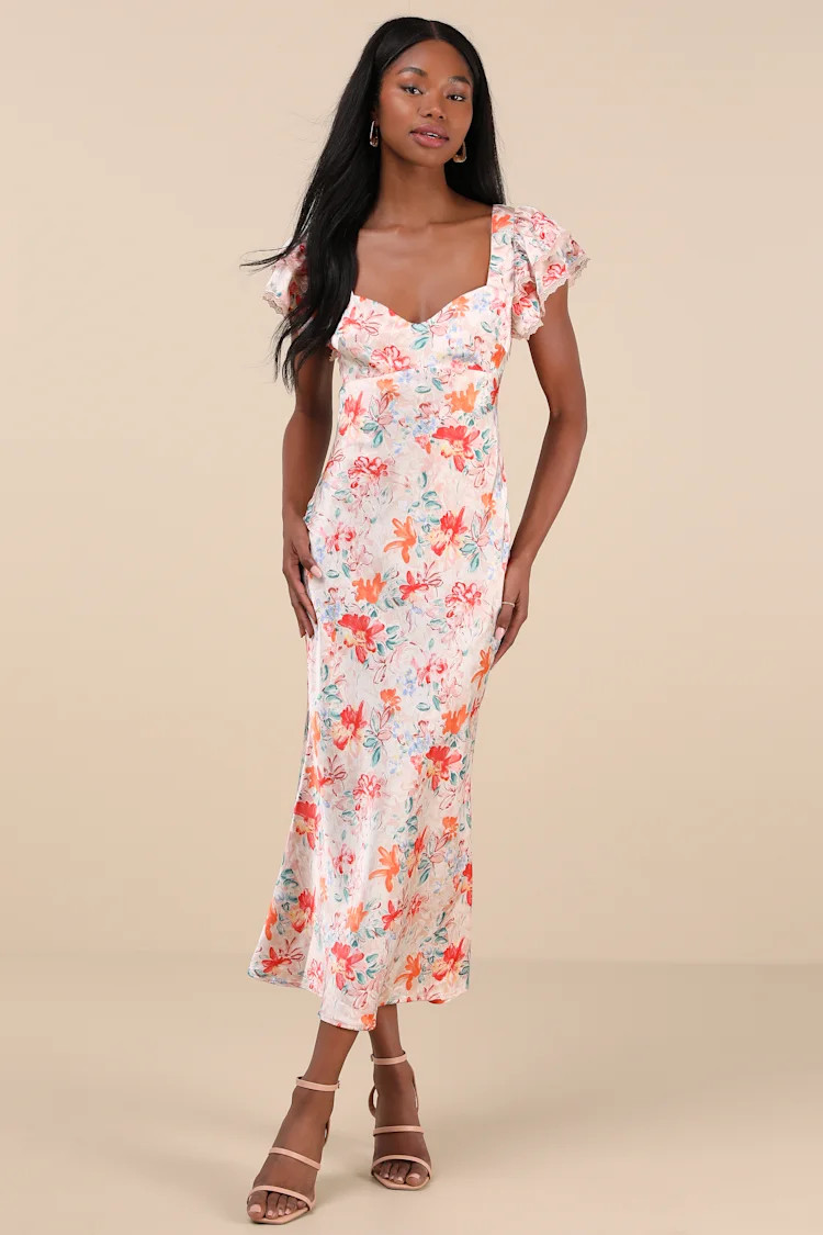 Ryland Cream Multi Floral Satin Flutter Sleeve Midi Dress | Lulus