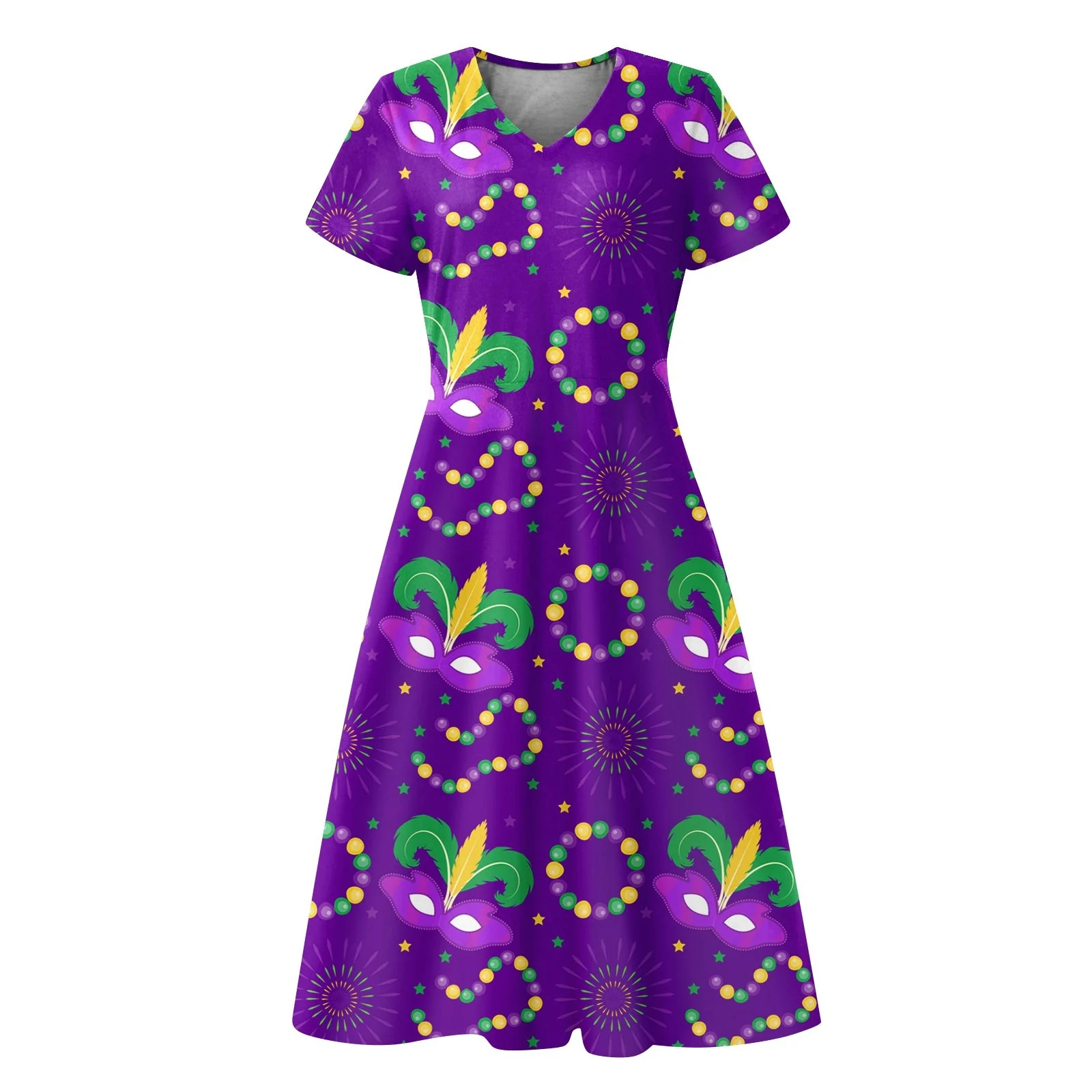 Mardi Gras Dress for Women Elastic Waist Short Sleeve Gold Knee Dress V Neck Holiday Party Green ... | Walmart (US)