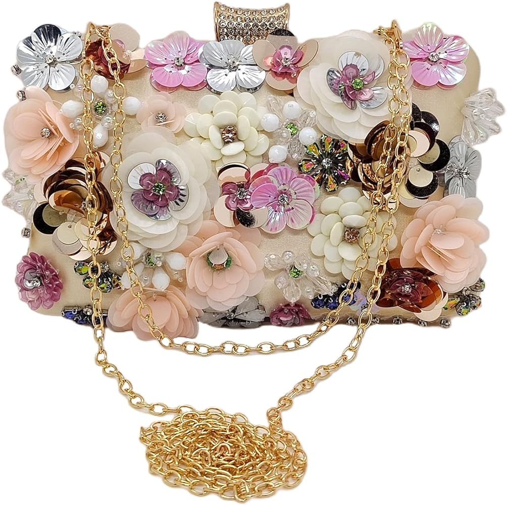 Women Floral Evening Clutch Bag Bride Purse Flower Wedding Handbags Party Prom Chain Bag | Amazon (US)