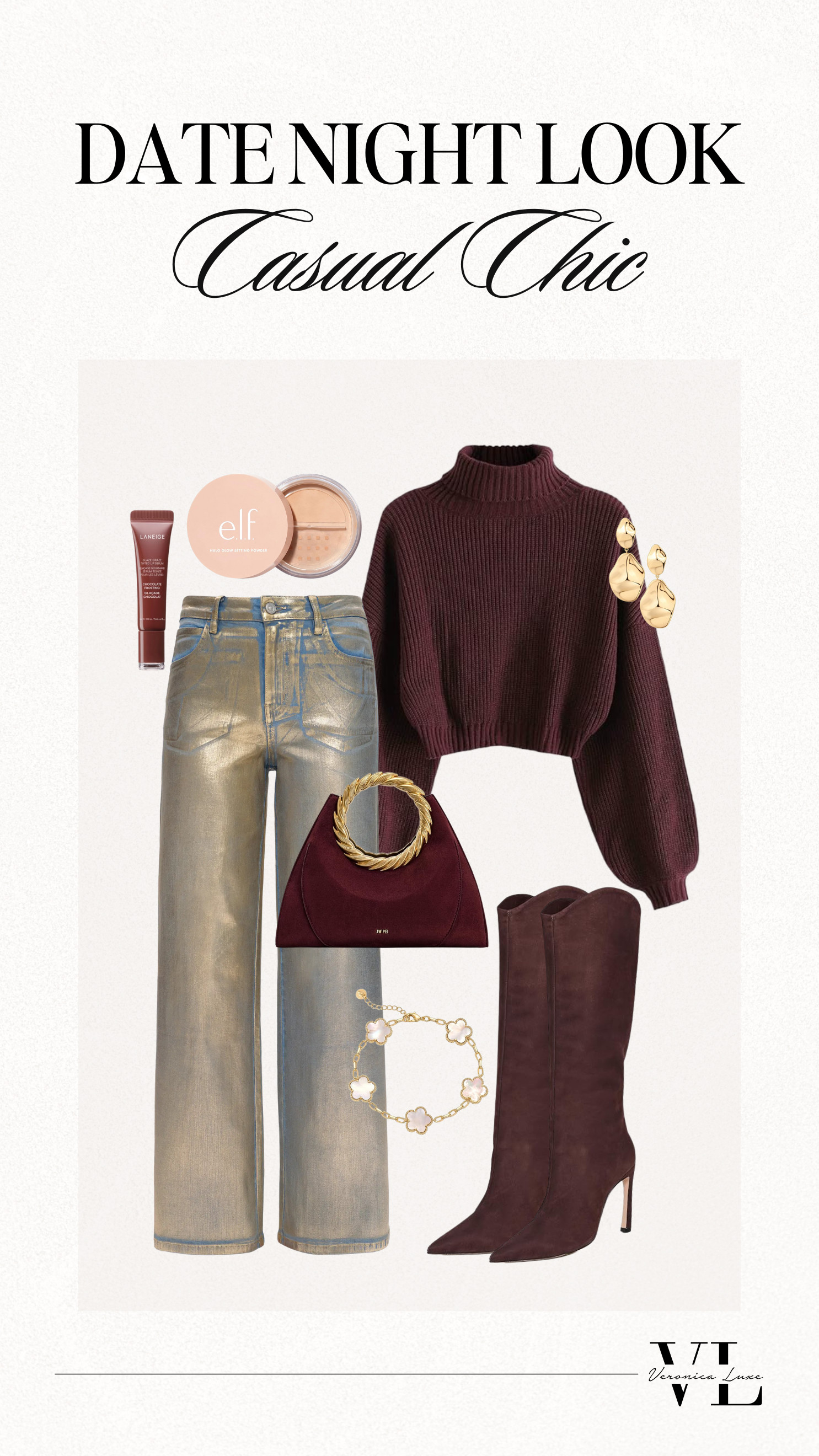 I’m loving these metallic wide leg jeans styled with a burgundy cropped sweater, brown suede knee-high boots, and gold earrings and bracelet to pull it all together. Such an easy date night outfit, casual chic look, and perfect women’s evening outfit. 

 #LTKgrwm #LTKootd #LTKSeasonal