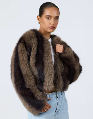 Aria Cove cropped faux fur jacket in brown stripe | ASOS (Global)